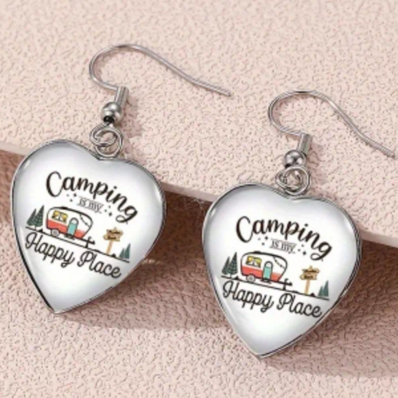 None Jewelry - Heart-Shaped Outdoors Camping Silver Crystal Glass Earrings (#0296)
